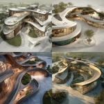 **conceptual architectural render of a public campus building, big installation, based on an organic, realistic, detailed, complex structure, curving floor plan layout emphasizing flowing, inclusive spaces with curved glass facades, warm wood textures, soft ambient lighting, landscaped open courtyards, integrated indoor-outdoor transitions, modern minimalist furniture high-resolution, aerial perspective, photorealistic style, rendered with soft shadows and realistic materials** - <@759292859500855326> (fast)