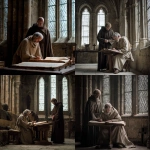 **inside the tall medieval library of a monestary in the Alpes, a monk in beige wool robes of lesser quality, grey fringed hair sits on a wooden chair leaning over an open large medieval ledger, studying it. Beside him stands a dark robed abbot holding a stylus, telling him about scribal work. A duo of fellow scribes stands near the wall of four tall backlit windows, next to a small dark wooden cross. Snowflake macrophotography, professional cinematic overcast weather lighting, in the style of In The Name of the Rose.** - <@639231094968942592> (relaxed)