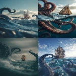**kraken attacking a sailboat in the sea with tentacles, hdr, low angle view --ar 4:7** - <@585362301041770519> (fast)