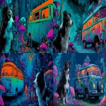 **on the left of the scene A fluffy black mini Australian shepherd with white snout spot. To the right a 1980 T3 mini bus with a trippy paint job , psychedelic glowing mushrooms and plants growing everywhere, trippy artwork, acid trip effect, bright blue background with neon orange, pink , green, turquoise and purple colors, in the style of dan mumford . --ar 9:4 --v 7.0** - <@1006545549706666017> (fast)