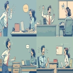 **simple cartoon side view, man laughing while flipping a desk in an HR meeting, celebrating his appeal win, HR woman on the other side looking shocked and defeated, bold outlines, flat colors, clean comic strip style, exaggerated expressions, minimal background, funny and lighthearted --v 6.0 --ar 16:9 --s 200** - Variations (Strong) by <@1071571012547780618> (fast)
