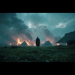 **A green field covered in fog, fire from medival huts in the background illuminate the sky, a Aknight stands center frame staring into the distance, medium shot, cinematic, the ground looks like there has just been a large battle** - Image #2 <@647094775748493312>