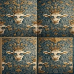 **<https://s.mj.run/0GMbnBQLfYo> william morris wallpaper design of humanoid cows wearing sunglasses and wearing a crown, using 3 colours only --no birds --ar 13:25 --iw 3** - Zoom Out by <@1103975769467789322> (relaxed)