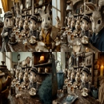 **A hyper-realistic, cinematic still frame inside an antique café, filled with bustling stuffed rabbit toys in motion. Some rabbits clumsily carry sparkling gemstones like sapphires and tourmalines across the counter, a few spill loose tea leaves mid-air while trying to scoop them, others stir steaming cups with effort, their tiny paws blurred in motion. One rabbit wobbles on a stool about to tip over, while another reaches to help, gemstone eyes glinting. Sugar cubes tumble on the table, tea splashes slightly, and scattered props add to the playful chaos. The atmosphere is lively and whimsical, captured like a dynamic moment from an old British film where reality and fantasy merge, full of warm candlelight and nostalgic charm. --ar 16:9 --s 750 --v 7.0** - Zoom Out by <@1081865373332287611> (fast)