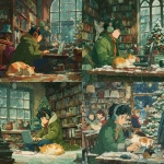 **a boy with short black hair and a green overcoat is working on his laptop in the library, wearing headphones. there is a colorful cat sleeping next to him. people are hanging out around them, smiling. a christmas tree is nearby, and books are all over the shelves. snow is falling outside the window, in the style of ghibli, with a cartoon style, colorful and happy vibe. it's a detailed, close-up shot of the man and his computer screen. --ar 1:1** - <@409716268476923920> (fast)