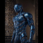 **full body ripped robotic masculine man / with exoskeleton made of forged aluminum / anodized in a stunning finish of elegant deep blue / electrifying / great and terrible beauty / background depicts ornate complex lattice patterns of beauty and wonder / full length view --no borders, frames, grids, split screens, tiles, women, girls, females** - Image #1 <@1080572898269466724>