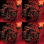 **A dungeons and dragons style comic book illustration of a muscular red female pit fiend devil holding a flaming mace and wearing a crudely crafted iron helm that covers her eyes, horns and spikes should come out of her dark red skin, claws, bits of crude armor --v 7.0 --ar 2:3** - Variations (Region) by <@478047972412620803> (fast)