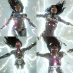 **<https://s.mj.run/YaQlSNDfcaA> a futuristic woman floating high in the air, full body visible from head to toe including stomach and thighs, seen from below as she ascends upward like a divine being, head tilted slightly up toward the light, wearing a sleek metallic chrome biomechanical bodysuit with visible joints, cables, and glowing circuits, elegant feminine curves, keeping the exact same human face, hair, and hairstyle as the reference image, eyes glowing pure white like laser light without pupils, surrounded by a storm of bright electric lightning bolts and radiant energy, pure white background glowing with divine light reflections, cinematic lighting, ultra realistic 8k, wide angle shot composition --cref <https://s.mj.run/YaQlSNDfcaA> --v 6.0 --iw 2 --cw 10 --raw** - Variations (Strong) by <@1277955868452851795> (fast)