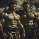 **Realistic 3d rendering. Full body portrait of two characters. ruggedly handsome, Hyper muscular handsome twin green skinned orcs, bright silver eyes, short curly redred hair, short pointed ears, defined muscles, pronounced features, hyper muscular, wide Grecian nose, strong square jaw, defined cheek bones, masculine features, freckles. Bodybuilder. wearing a tight short leather skirt. His oiled skin glistens under intense studio lighting. A strong camera flash highlights the shine on his muscles, creating bright reflections on his body, arms, and thighs. Retro fitness photography style, slightly exaggerated lighting contrast, 90s magazine aesthetic, center-framed, studio portrait shot. Standing and posing in a sunny rocky field. --ar 5:6 --v 7.0** - Image #3 <@1222981214734913607>