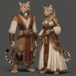 **A pair of ocelot tabaxi, one male and one female, wearing regal desert attire, fantasy style** - Image #2 <@737863935038062634>