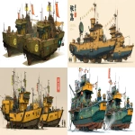 **a dnd style concept art of two feudal japan iron and wooden space pirates expedition miner-powerboats, have different number in the hull, same size but not identical, dark industrial scifi style, labeled as regular marine best units, deep yellow-sand color with small hi-viz green-navy hazard markings, mechanical details, Japanese characters, realistic look, moody atmosphere, a little bit foggy, signal towers, various size nobori and lanterns, some small trees grouwing in the deck, big crane with giant hook, have japanese mural on the hulls, signal cabbles, floating on a white background in the style of Studio Ghibli and Makoto Shinkai, cel-shaded, full-body, cartoon, 2D game art --ar 11:5** - <@1043498067623686144> (fast)