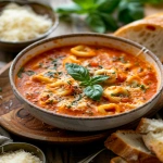 **Bowl of creamy tomato tortellini soup served with melted parmesan, fresh basil garnish, cheesy tortellini visible in the rich red broth, placed on a rustic table with garlic bread on the side, cozy comfort food vibe, warm light, soft shadows --v 6.0 --ar 4:5 --raw** - Image #2 <@1321895242076520463>