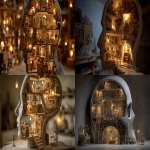 **Surreal interior of a wooden marionette’s head, filled with tiny rooms--reading nook, teacup kitchen, ladder to the attic, warm glowing lamps, bookshelves curved to match the skull shape --v 7.0 --ar 16:9 --raw** - <@1017562001381265439> (fast)