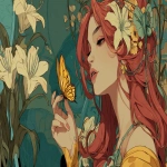 **An illustration with intense tones of a spring's goddess in 3/4 view holding a butterfly in her hand and wearing a lily in her hair, in colorfull and anime style. --ar 16:9** - Image #2 <@1068240844349509652>