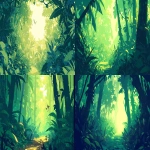 **flat cel-shaded style with bold clean linework, minimal jungle landscape, trees on both sides, leaves blocking out the sky, bits of light shining through, vines on trees, dense green foliage, natural pathway in the middle, greens and blacks in the jungle, loop animation friendly --ar 16:9 --niji 6** - <@257221362568003584> (fast)