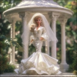 **a 1980’s Barbie doll in a wedding gown of satin and chiffon. The dress is mermaid style. The veil is simple and feminine. In the background is a beautiful gazebo. Ultra realistic, highly detailed, photorealistic. HD --v 7.0** - Image #1 <@1327691479602298971>