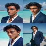 **A 45-degree angled view of an exceptionally handsome young CEO in his early 20s, standing at a luxurious outdoor café in the Maldives. His flawless, sun-kissed skin, sharp jawline, and high cheekbones create a perfectly balanced, photogenic face. His deep brown eyes are large, expressive, and slightly dreamy, paired with a subtle, confident smile that radiates charisma. His straight nose, well-defined lips, and elegant masculine features exude sophistication. His dark brown hair is naturally wavy and perfectly styled. He is wearing a perfectly tailored slim-fit navy suit with a crisp white shirt, open collar, and polished brown leather shoes, looking effortlessly stylish. The turquoise ocean and clear, sunny sky provide a serene, expansive background, with soft sunlight accentuating his handsome, youthful, and captivating aura. --ar 2:3 --q 2 --raw --v 7.0** - <@1359023626493366362> (fast)