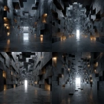 **Futuristic walls made of layered cubes, symmetrical perspective, tall walls covered with floating and embedded blocks of varying sizes, metallic textures, cyberpunk vibe, dark unlit end of corridor, no lights in the distance, volumetric lighting, dark sci-fi atmosphere, ultra detailed, --s 250 --v 7.0** - Remix (Strong) by <@1057577968781762630> (turbo)
-# Create, explore, and organize on [midjourney.com](<https://midjourney.com/imagine?from_discord=1>)