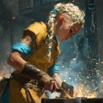 **Blonde Blacksmith women with a distinctive braided hairstyle, often with a blue hair band, wearing a yellow leather outfit, forging an axe, high-res with background, magic the gathering art style** - Image #3 <@341604543177555968>