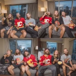 **3 people in a Sheraton hotel room seating on a sofa bed and dring corona bear, eat hardbite chips, wears Calgary Flames t-shirt, having fun, realistick photo, camera** - Variations (Strong) by <@1051210584496033832> (fast)
-# Create, explore, and organize on [midjourney.com](<https://midjourney.com/imagine?from_discord=1>)
