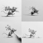 **mouse running on all fours while carrying a bouquet of flowers with a long stem as it flows behind him, pencil sketch, realistic** - <@1202707032818458747> (fast)
