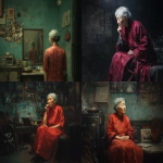 **Oil painting, moody lighting, prominent brush strokes, elderly grey haired Chinese woman dressed in a tattered and dirty red Qun Kwa wedding dress, Zhang Xiaogang's style, Painting on wall, family photographs, gazing into a dirty mirror in a dingy apartment, by Zhang Jingna, , melancholic atmosphere, tattered robot companion, laptop computer --ar 5:4 --v 7.0 --no star wars characters --chaos 5** - <@988364629556199494> (fast)
