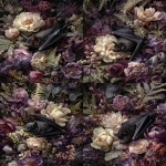 **a dark, moody, victorian oil painting in impasto style of a bat nestled in flowers in black, cream, gray, and deep purple, as well as ferns and thickets. --ar 3:4 --v 7.0** - Variations (Strong) by <@693132661379825714> (fast)