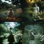 **Take a poetic full-length photo of a 1900s girl. The girl is standing in a garden. 8K full resolution, maximum sharpness, the photo is blurry and out of focus at the edges. --ar 2:3** - <@1101859494062989373> (fast)