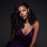 **Stunning Black African American woman with deep, rich dark skin, wearing a form-fitting purple gown. Her hair is long, silky, jet-black with a neat middle part, styled in soft, voluminous curls that frame her face similar to glamorous blowout curls. Full lips, long lashes, soft natural glam makeup, radiant skin. She leans forward slightly in a confident, feminine pose. Background is a sleek black gradient studio backdrop with subtle flash-photography highlights. High-fashion editorial lighting, ultra-realistic detail, smooth textures, luxury beauty aesthetic, 4k, portrait orientation. --v 7.0** - Image #4 <@1344017073965240440>