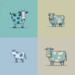**A simple, flat illustration of a light blue cow standing alone, with its characteristic cow spots clearly visible. The cow has a cute, exaggerated, and comical appearance with slightly unusual proportions, giving it a unique and whimsical look. Bold outlines, minimal background, and a flat, graphic style like Japanese packaging art.** - <@1263833281322029154> (fast)