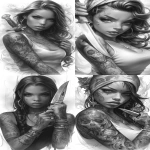 **chicano style girl design holding a knife, an airbrush painting by Magali Villeneuve, smooth painting, cgsociety, fantasy art, detailed painting, white background, tattoo a black and white tattoo design, clouds in background, white canvas background, high contrast, smooth shading, clean lines, HD, tattoo design, realistic tattoo, impact art, black and white, very contrast, high shadows, face and arm, white background, Chicano tattoo style, high detailed, old style, image evokes patience and agility, High quality, digital Illustration by Aaron J Riley, Bob Kehl, Stanley Artgerm Lau, black and white + high contrast + shadow and lights, fine details, 8k --ar 9:16 --s 750 --niji 6 --raw** - <@1261572661595869295> (fast)