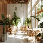 **A minimalist tropical restaurant design, seamless indoor-outdoor flow, white concrete walls, warm wood slats, lush indoor plants, rattan furniture, soft natural sunlight, serene atmosphere, architectural visualization --ar 3:2 --v 6.0** - Image #1 <@1296729788215595112>