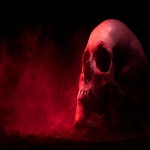 **dramatic close-up of a human skull, intense side lighting, jet-black background, red glowing fog at the bottom, horror thumbnail style, strong contrast, sharp details, ominous look, bold scary atmosphere, cinematic horror composition --ar 16:9 --v 7.0 --q 2 --raw** - Image #4 <@873162142306672690>