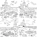 **A simple coloring page for children of A beach scene with sandcastles, a blanket spread out on the shore, and toys scattered around. A coloring page for kids with crisp lines and a white background, in a simple style with a black outline only. for a simple black and white coloring page, line art, thick lines, easy to color. no shading lavender** - <@1201148944726638674> (fast)
