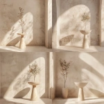 **Studio-style interior photo for furniture catalog use. A single empty plant stand or pedestal centered in the frame. The pedestal is completely empty. No items on top. No plants. No decor. No accessories. No objects of any kind on the stand or surrounding surfaces. Minimal boho interior design. Light neutral palette (off-white, soft beige, pale wood). Simple plaster wall background. Clean floor or tabletop surface with nothing placed on it. Bright diffused studio lighting, flat, even illumination, no directional light, no visible shadows, low contrast. Symmetrical composition, centered framing, large negative space, product documentation photography style, furniture design catalog aesthetic, DSLR quality, 50mm lens. --ar 4:3 --v 6.0 --chaos 0.5 --raw** - Variations (Strong) by <@1090435486935433258> (fast)