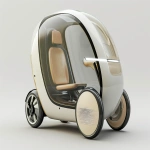**futuristic compact electric capsule scooter, short and upright body like a standing scooter, enclosed cockpit with transparent glass all around, one front wheel and two rear wheels clearly visible, minimalist design, solar panel on top, soft matte body in beige and white, designed for one seated passenger, lightweight, urban personal mobility vehicle, 3/4 view on neutral background --ar 3:2 --v 6.0 --raw** - Image #3 <@361336964084924446>
