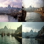 **16th century Istanbul. early morning. a view of Istanbul from the quayside, Hagia Sophia in the distance. ridley Scott movie --ar 16:9 --s 50 --raw** - <@1047237047888379954> (fast)