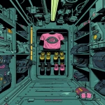 **A flat, straight-on comic-book style illustration of a Moon Boot gear wall inside a retro-futuristic spaceship. The perspective is fully frontal no vanishing point, no depth. The interior features modular sci-fi wall panels and a command module vibe mechanical, functional, slightly industrial. Hanging Moon Boot t-shirts with space-race graphics and stacked boots are rendered in bold silhouettes. The color palette is dark and grounded: charcoal black, olive green, chrome silver, and bubblegum pink accents. Pops of lemon yellow used sparingly. Solid colors only no gradients, no pastel tones, no realistic lighting. The style is inspired by Syd Mead’s early industrial designs and 1980s sci-fi comic books. Feels like a gear locker panel aboard a racing spaceship, drawn for a vintage catalog or sticker sheet. --v 6.0 --ar 9:16 --raw** - Image #1 <@1053079618342633592>