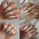 **matte champagne chrome nails with glossy chrome edge, texture contrast manicure, sculptural almond shape, photographed in nail studio lighting, pro nail artist design, soft neutral background, editorial fashion hands --v 6.0 --ar 2:3 --raw** - <@1321895242076520463> (fast)