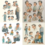 **pencil color, color pencil, gentleman with son, asian, multiple poses and expressions, children's book illustration style, casual look, full color, flat color, eloise wilkin style** - <@1137872850187985036> (fast)