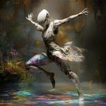 **<https://s.mj.run/kPsGh_-KWJ0> <https://s.mj.run/-qquprwLscw> futuristic android manneqin dancing, white latex armor, leviathan landscape lithograph imagery, enigma, double exposure, dark backgrpund, holographic ink prismatic pastoral pointillism, ar 5:7 --profile s4f9d7g --v 6.1** - Image #4 <@1071135204846096475>