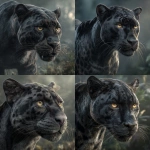 **Ultra-realistic portrait of a black-grey panther with visible dark rosette markings across the fur. The panther has an intense, focused gaze, golden-amber eyes, and a powerful presence. Coat texture is detailed, showing the subtle gradient between deep black and smoky grey. Muscular, elegant body, realistic anatomy, whiskers sharply defined. Soft natural lighting with shallow depth of field. Background blurred jungle or neutral misty atmosphere. Hyper-detailed fur, 8K photorealism, cinematic wild-predator aesthetic. Only the panther, no humans.** - <@881227261473341491> (fast)