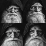 **realistic portrait of an old wise man with long white beard and deep eyes, wearing a dark hooded cloak, cinematic lighting, ultra-detailed wrinkles and skin texture, sharp focus on the face, soft shadows, mystical atmosphere, monochrome black and white, 8k, ultra realistic photography style --ar 3:4 --v 6.0 --no hand, staff, medallion, background symbols --raw** - Variations (Strong) by <@1146806236982034432> (fast)