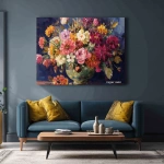 **colorful, large bouquet of flowers in a vase on the wall, living room interior with a sofa and coffee table, an oil painting with a dark blue background, vibrant colors, and golden accents. a large canvas print for home decor with the text "rasyar sani" at the bottom center. --ar 128:125** - Image #1 <@1313000520759377972>