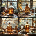 **A realistic amber glass tincture bottle sits on a rustic wooden table with dried fennel seeds, chamomile flowers, and licorice root scattered around. A small polished granite stone rests nearby. In the background, autumn light filters through a window, with falling November leaves and a steaming cup of herbal tea on the table. --v 6.0 --s 750** - <@1090630909448949831> (fast)