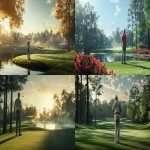 **a golfer standing by the last hole on the augusta masters. he has just won. he holds his club down with one hand and has raised the other empty hand in triumph. photorealistic. detailed cinematic --v 6.0 --ar 16:9 --raw** - <@1237753440059527181> (fast)