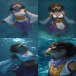 **Female character with face of sea otter, winker, black nose, inspired by Yuna from Final fantasy X, brown bob hair and bangs,odd eye, white sleeveless tops, draping white cloth around forearms with gradation pink edges, yellow obi waist band with embroidery of flower, purple hakama skirt with designated white stain, Photorealistic. Floating in blue water, mystical scene, dramatic, floating dim light, dynamic angle. Satisfied and relieved expression, featuring emotion. --ar 9:16** - <@1295038533547069462> (relaxed)