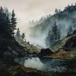 **mystical pine forest aquarell drawing, dark, foggy, hills, valley with rocks and small lake** - Image #3 <@1065245785324781629>