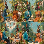 **<https://s.mj.run/nZVub3jGHVE> humanoïde black-skinned and brown-skinned male and female rabbits in Carribean Wonderland Tea Party, oil painting --ar 53:40 --niji 7 --iw .50 --s 50** - Variations (Strong) by <@1016778257326166057> (relaxed, stealth)