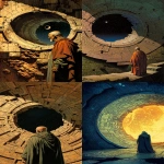 **Old comic book cover, crackled, Metal Hurlant cover magazine, 1980's, A monk looking to a sidereal station entrance to hell, Moebius style --ar 9:16 --niji 7** - <@1054482006731395092> (fast)